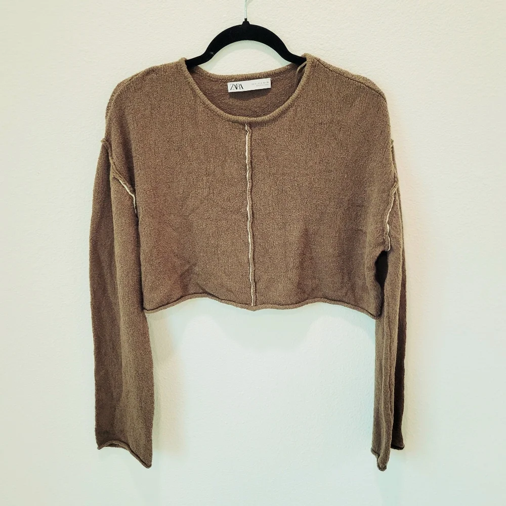 Zara‎ Dark Olive Green Cropped Sweater Raw Edge Rolled Hem Women’s S